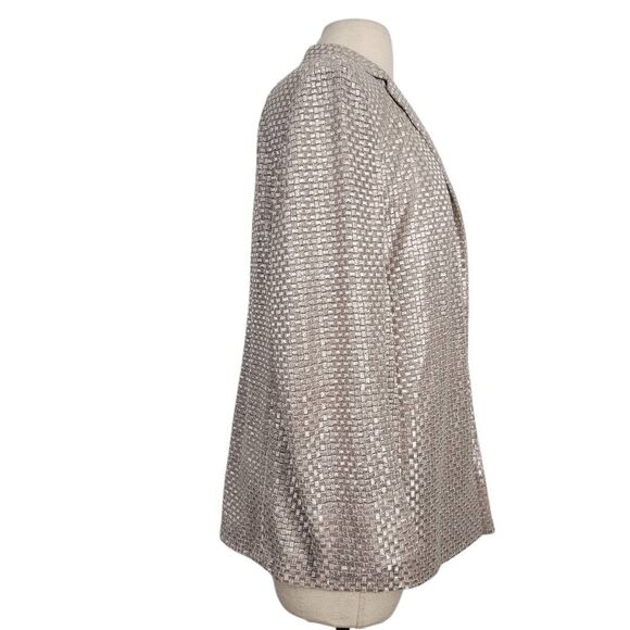 AKRIS Polyester Silk Blend Open Blazer Jacket‎ Sz 8 Silver Metallic Grid Square - Picture 2 of 11